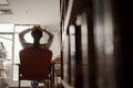 Asian student woman read books in library at university. Young girl stress tired have problem while study hard. Sadness concept Royalty Free Stock Photo