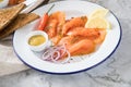 Asian style Gravlax a raw, marinated graved salmon with lemongrass and chili  on enamel plate with toast bread, Scandinavian Royalty Free Stock Photo