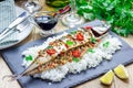 Asian style mackerel baked with ginger, red chili, coriander and spring onion