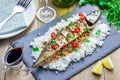 Asian style mackerel baked with ginger, red chili, coriander and spring onion