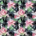 Seamless pattern with betta fish. watercolor asian nature illustration