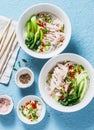 Asian style soup. Rice noodles, boiled chicken, vegetables and broth - delicious diet lunch on blue background, top view. Royalty Free Stock Photo