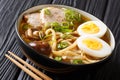 Asian style soup with udon noodles, pork, boiled eggs, mushrooms