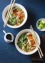 Asian style spicy udon noodle soup with fried chicken on a blue background Royalty Free Stock Photo