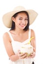 Asian summer woman giving coconut juice Royalty Free Stock Photo