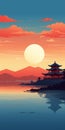 Asian Sunset: Pagoda And Water In Flat Style