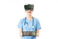 Asian surgeon show digital tablet control VR headset screen