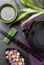 Asian sushi chopsticks, rose tea and teapot Royalty Free Stock Photo