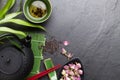 Asian sushi chopsticks, rose tea and teapot Royalty Free Stock Photo