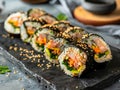 Asian sushi rolls on a slate plate