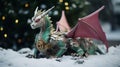 The Asian symbol of 2024. Stylish Christmas card - cartoon modern green dragon with pink wings next to gifts, falling