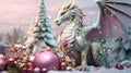 The Asian symbol of 2024. Stylish Christmas card - cartoon modern pink dragon next to gifts, falling snow and trees