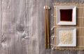 Asian table with chopsticks, rice and soy sauce Royalty Free Stock Photo