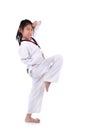 Asian taekwondo girl on white background.