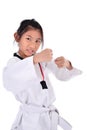 Asian taekwondo girl on white background.