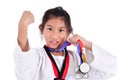 Asian taekwondo girl on white background.