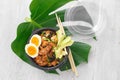 Asian take away food Two poke bowl fried rice chicken meat eggs box top view Royalty Free Stock Photo