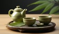 Asian tea ceremony set with white cups, teapot, bamboo mat, and green tea on white background