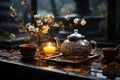 Asian tea ceremony, teapot and cups and candle. AI generative Royalty Free Stock Photo