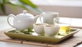 Asian tea concept with white tea cups, teapot, tea set, and dry green tea on white background