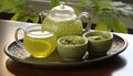 Asian tea set with cups, teapot, and bamboo mat on white background for brewing and enjoying tea