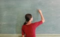 Asian teacher writing on blackboard with chalk in classroom Royalty Free Stock Photo