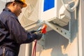 Asian technician is checking air conditioner, After-sales service concept