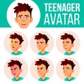 Asian Teen Boy Avatar Set Vector. Face Emotions. Flat, Portrait. Cute, Comic, Web. Cartoon Head Illustration