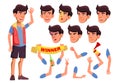 Asian Teen Boy Vector. Teenager. Face. Children. Face Emotions, Various Gestures. Animation Creation Set. Isolated Flat