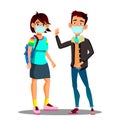 Asian Teen Girl, Boy Wearing A Face Mask In The City Coughing Vector. Isolated Cartoon Illustration Royalty Free Stock Photo