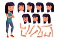 Asian Teen Girl Vector. Teenager. Active, Expression. Fitness, Sport, Figure, Health. Face Emotions, Various Gestures