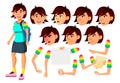 Asian Teen Girl Vector. Teenager. Positive Person. Face. Children. Face Emotions, Various Gestures. Animation Creation