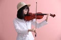 Asian teen with violin glasses hat smile Royalty Free Stock Photo