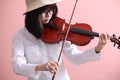 Asian teen with violin glasses hat smile Royalty Free Stock Photo