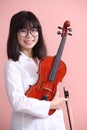 Asian teen with violin glasses smile Royalty Free Stock Photo