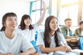 Asian teenager Student Study with Classmate in Classroom