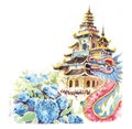 Watercolor hand painting with vietnamese temple and dragon