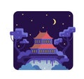 Asian temple stands on top of a hill - Vector cartoon illustration in flat game design