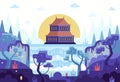 Asian temple stands on top of a waterfall - Vector cartoon illustration in flat stile