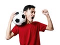 Asian Thai people soccer fan football in red sleeve shirt isolated on white. Royalty Free Stock Photo