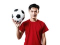 Asian Thai people soccer fan football in red sleeve shirt isolated on white. Royalty Free Stock Photo