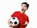 Asian Thai people soccer fan football in red sleeve shirt isolated on white. Royalty Free Stock Photo