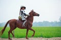 Asian Thai Warrior in traditional armor suit riding horse in rural farm background. Vintage Retro war costume concept Royalty Free Stock Photo