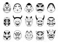 Asian theatrical mask. Japanese cultural art objects for face masked fox wolf samurai and beauty woman recent vector