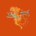 Asian Tiger or kitty for vintage t-shirt. Wild Animal Predator for banner or poster. Portrait Japanese Style. Hand drawn