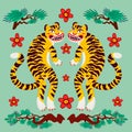 Asian Tiger symmetrical composition, vector tigers, and japanese pine branches and flowers in cartoon asian style