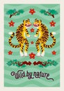 Asian Tiger symmetrical composition, vector tigers, and japanese pine branches and flowers in cartoon asian style