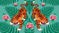 Asian Tiger symmetrical composition, vector tigers, and palm leaves and flowers in cartoon asian style. Organic flat