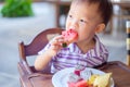 Asian toddler boy sitting in high chair using hands eating watermelon, pineapple, dragonn fruit Royalty Free Stock Photo