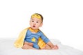 cute asian toddler boy in superhero costume